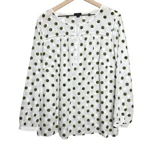 Talbots Womens Henley Blouse 2X White Green Polka Dots Sheer Cotton Classic Boho
